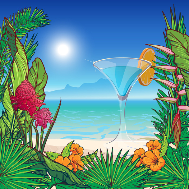 Quadro floral tropical e panorama
 - Vetor, Imagem
