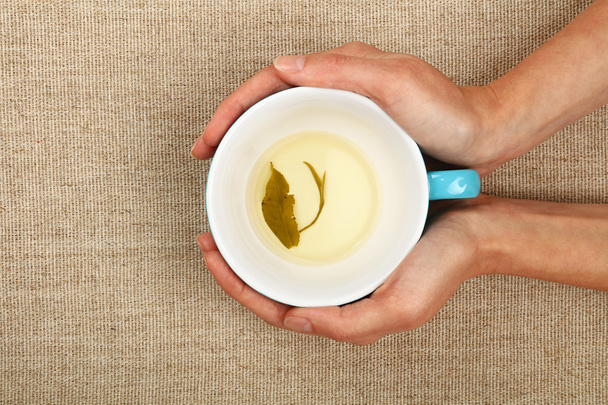 Two woman hands holding cup of green tea - Photo, Image