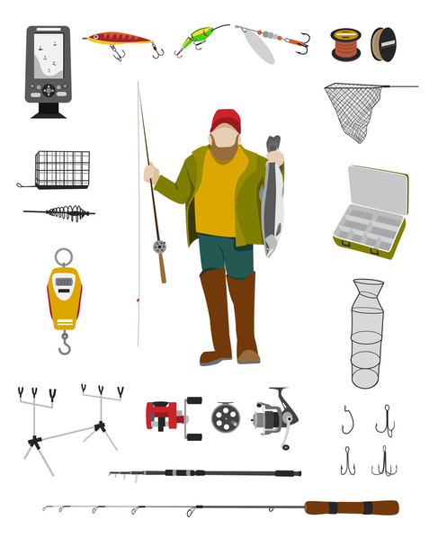 Pescatore e attrezzatura da pesca piatto icona set
 - Vettoriali, immagini