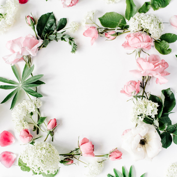 flat lay frame with pink and white roses - Photo, Image