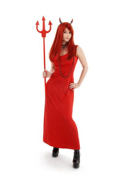 Red devil girl in latex boots - Foto, immagini