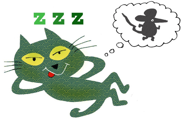 Karikatur einer glücklichen grünen Katze, die sich entspannt und von Maus träumt.  - Foto, Bild