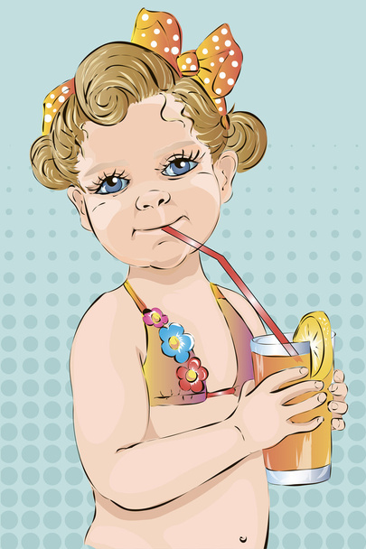 Αναδρομικό ύφος κορίτσι μωρό με ποτήρι χυμό σε μια παραλία - Διάνυσμα, εικόνα