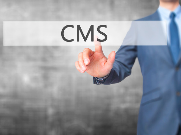 CMS - επιχειρηματίας κλικ στην εικονική οθόνη αφής. - Φωτογραφία, εικόνα