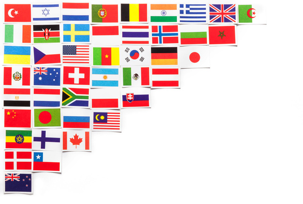 Flagi narodowe różnych krajów na świecie znajduje się po lewej stronie po przekątnej. - Zdjęcie, obraz