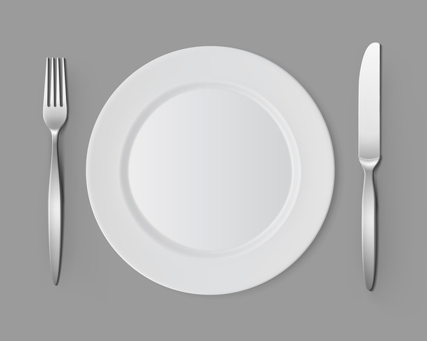 Piatto rotondo piatto vuoto bianco con apparecchiatura della tavola del coltello della forchetta
 - Vettoriali, immagini