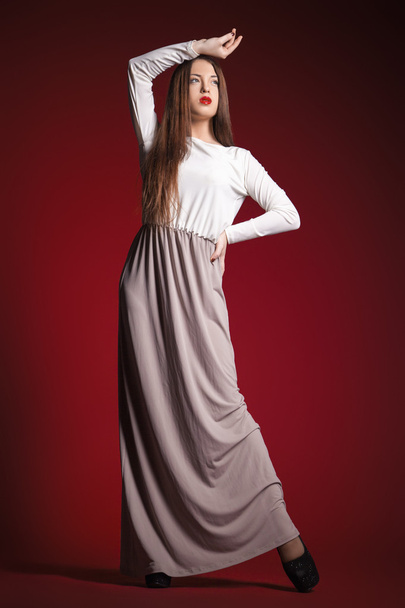 beautiful girl in long dress posing against red - Zdjęcie, obraz