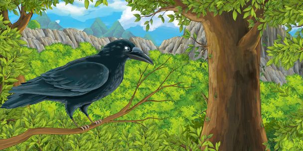 Cartoon bird - crow on the branch in the forest  - Fotoğraf, Görsel
