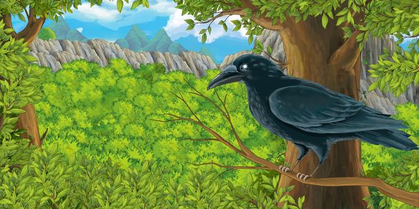 Cartoon bird - crow on the branch in the forest  - Zdjęcie, obraz