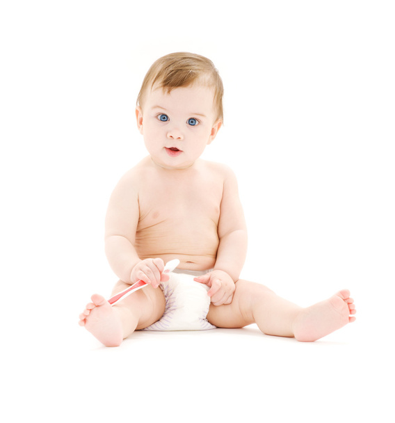 Baby boy in diaper with toothbrush - Фото, зображення