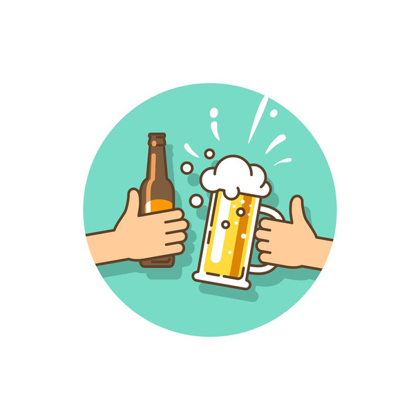 ビール祭り。誕生日パーティー。現在のイベントのお祝い。2 つの手は、ビール瓶とビールのガラスを保持しています。フラット スタイルのベクトル図. - ベクター画像