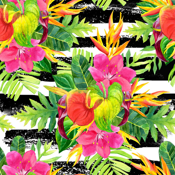Watercolor illustration with tropical flowers. - Zdjęcie, obraz