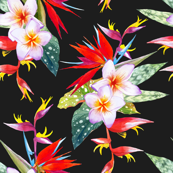 Watercolor illustration with tropical flowers.  - Zdjęcie, obraz
