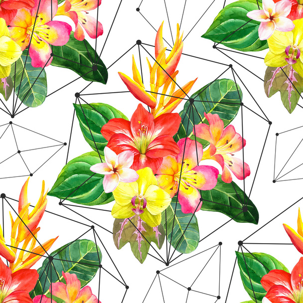 Watercolor illustration with tropical flowers.  - Foto, imagen