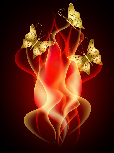 Burning  flame with smoke and flying butterflies - Διάνυσμα, εικόνα
