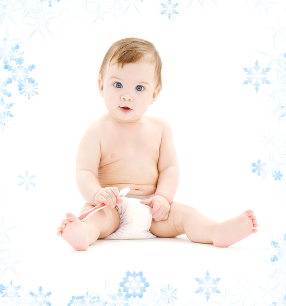 Baby boy in diaper with toothbrush - Valokuva, kuva