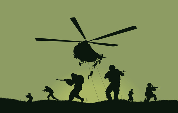 イラスト、兵士を攻撃しようとヘリコプター. - ベクター画像