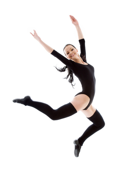 Jumping girl in black leotard - 写真・画像