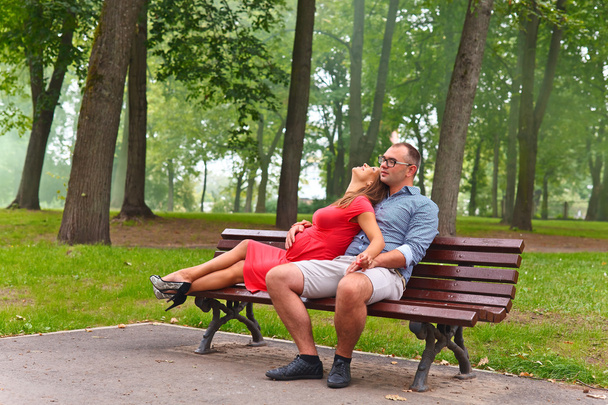 Raskaana oleva nainen miehensä kanssa puistossa
 - Valokuva, kuva