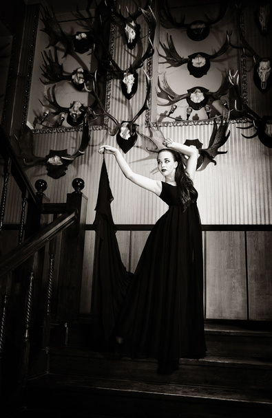 женщина, стоящая на винтажной лестнице
 - Фото, изображение