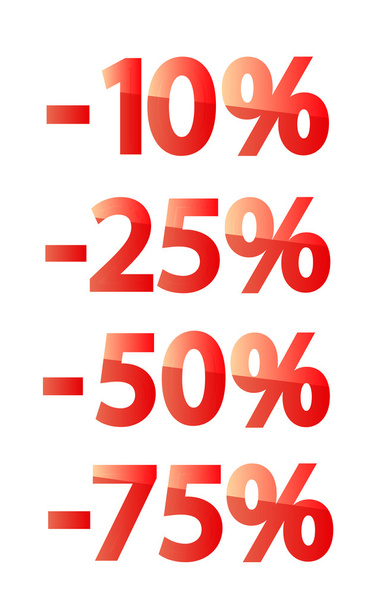 Σύνολο κόκκινες Ετικέτες τοις εκατό για τις πωλήσεις και τις εκπτώσεις με μείον πρόθεμα. Αριθμοί δέκα, είκοσι πέντε, πενήντα, εβδομήντα πέντε - Διάνυσμα, εικόνα