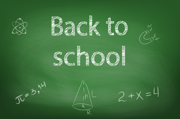 Groene schoolbestuur met krijt tekeningen en de woorden "terug naar school" - Vector, afbeelding