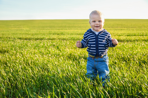 Beautiful baby boy standing in the green grass - Foto, immagini