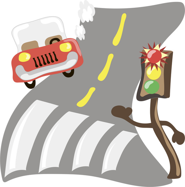 semáforo brillante y coche en la carretera. Dibujos animados vector ilustración
 - Vector, imagen