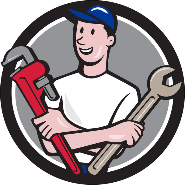 Handyman Spanner Monkey Wrench Circle Cartoon - Vector, Image