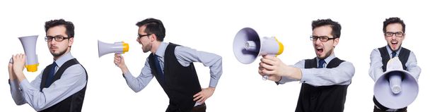 Collage of young businessman with loudspeaker on white - Photo, Image