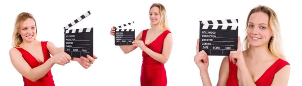 Red dress girl holding clapboard isolated on white - Photo, Image