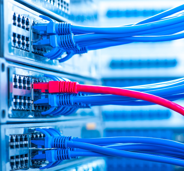 network cables and hub closeup with fiber optical background - Photo, Image