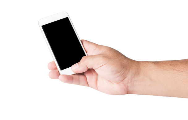 ręka trzyma telefon inteligentny z pustego ekranu.  - Zdjęcie, obraz