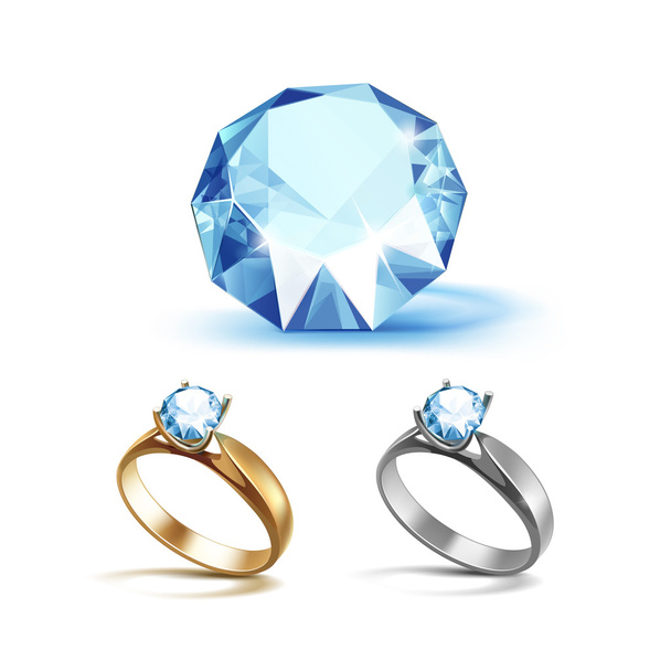 Gold and Siver Engagement Rings with Light Blue Shiny Diamond - Vector, Image