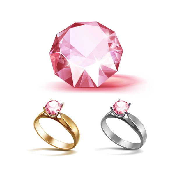 Gold and Siver Engagement Rings with Pink Shiny Clear Diamond - Vector, Image
