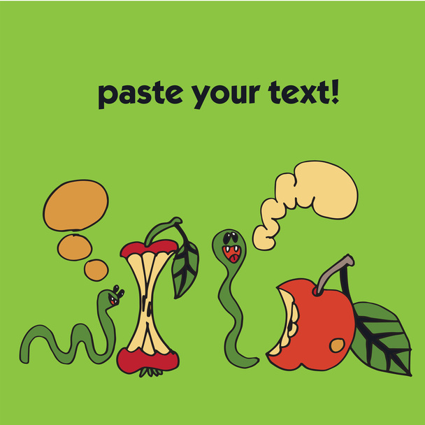 Funny picture with the image of two worms and bitten apples. - Vector, Image
