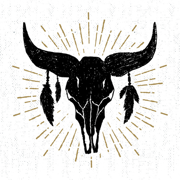 Hand drawn tribal icon with a textured buffalo skull vector illustration - Vector, Image