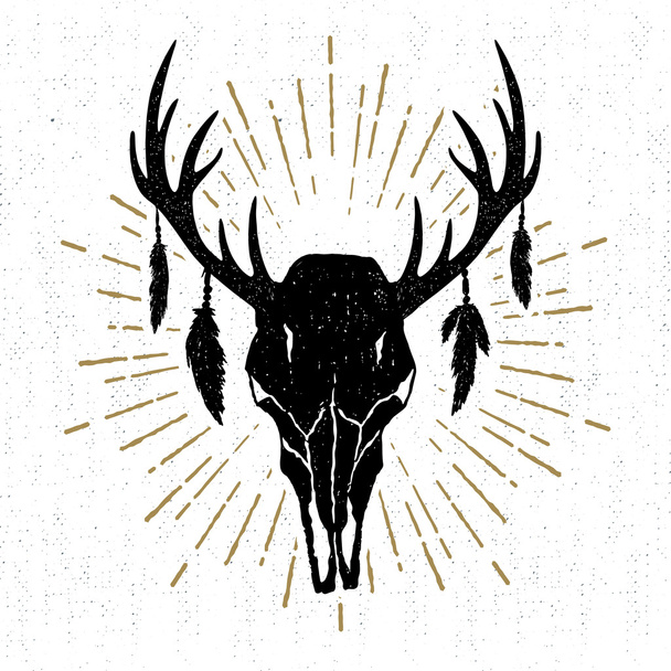 Hand drawn tribal icon with a textured deer skull vector illustration - Vektör, Görsel