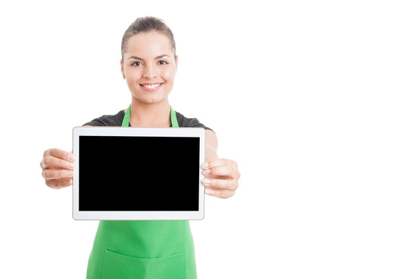 Smiling beautiful employee showing tablet with empty screen - Fotoğraf, Görsel