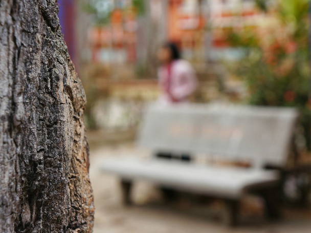 Blurred unfocused grey bench and unidentifiable woman behind focused tree trunk - Photo, Image