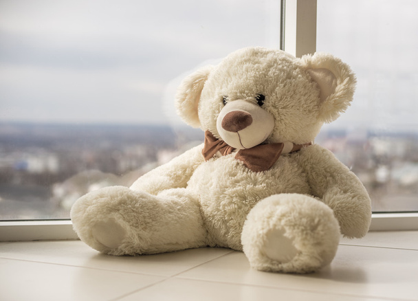 Pluizig teddybeer zit op de vensterbank - Foto, afbeelding