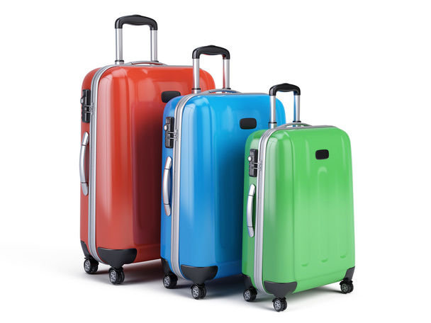 3d icon of three travel luggage bags isolated on white. 3d render - 写真・画像