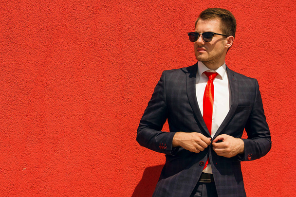 portrait of a man in  gray suit on  red wall - Foto, Imagem