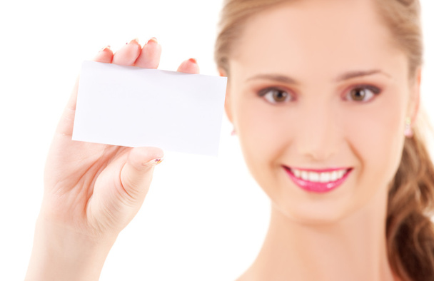 Happy girl with business card - Φωτογραφία, εικόνα