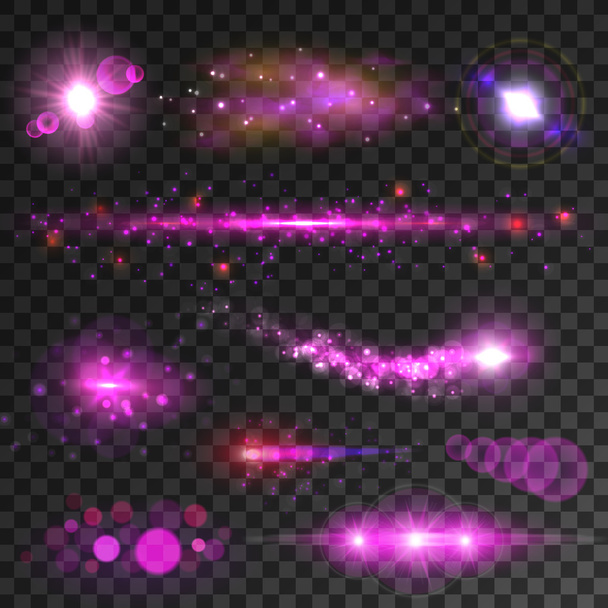 Glowing light flashes set. Purple sparkling stars - Vektör, Görsel