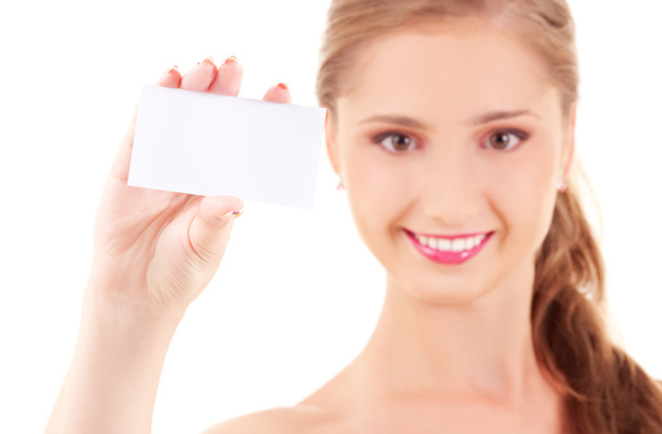 Happy girl with business card - Foto, Bild
