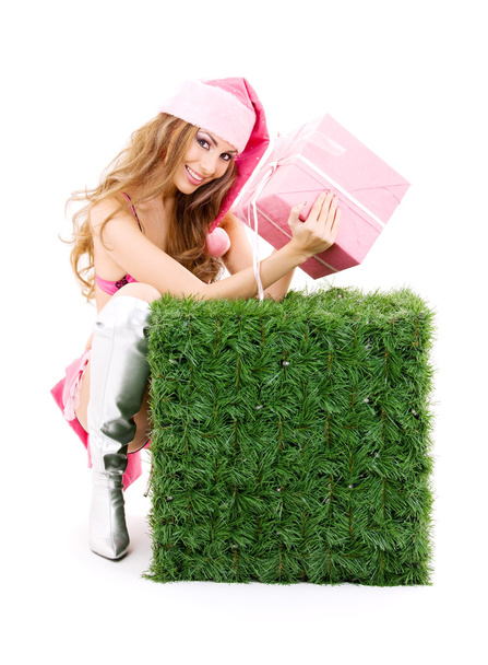 Santa helper girl with gift box - Foto, immagini