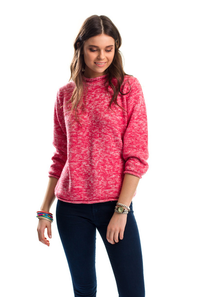 Lady in pink sweater smiling. - Фото, изображение