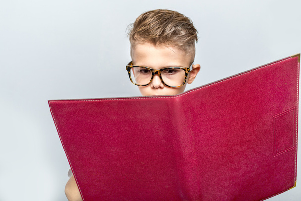 Boy with open red book isolated over grey, focus on boy - Фото, изображение