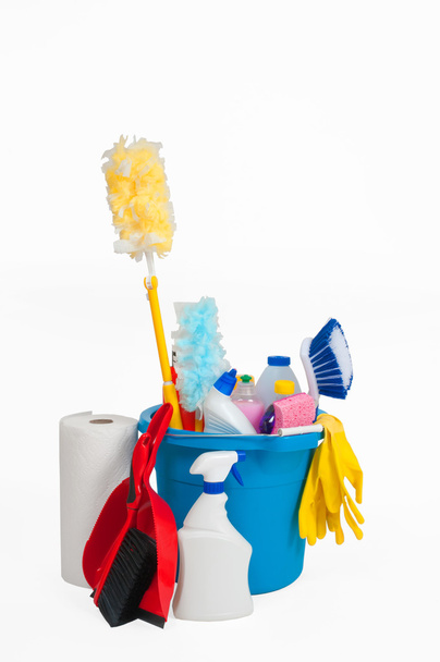 Cleaning supplies in blue bucket - Photo, Image